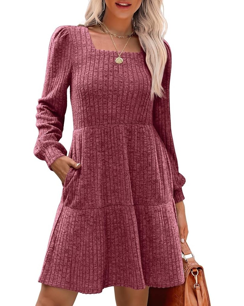 Womens Square Neck Long Sleeve Fall Dresses Casual Babydoll Sweater Dress 01-hot Pink $16.45 Dresses