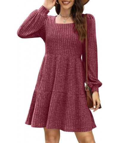 Womens Square Neck Long Sleeve Fall Dresses Casual Babydoll Sweater Dress 01-hot Pink $16.45 Dresses