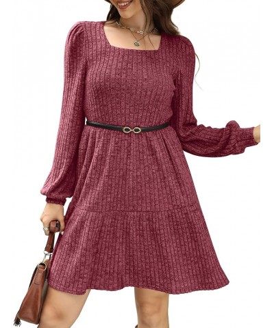 Womens Square Neck Long Sleeve Fall Dresses Casual Babydoll Sweater Dress 01-hot Pink $16.45 Dresses