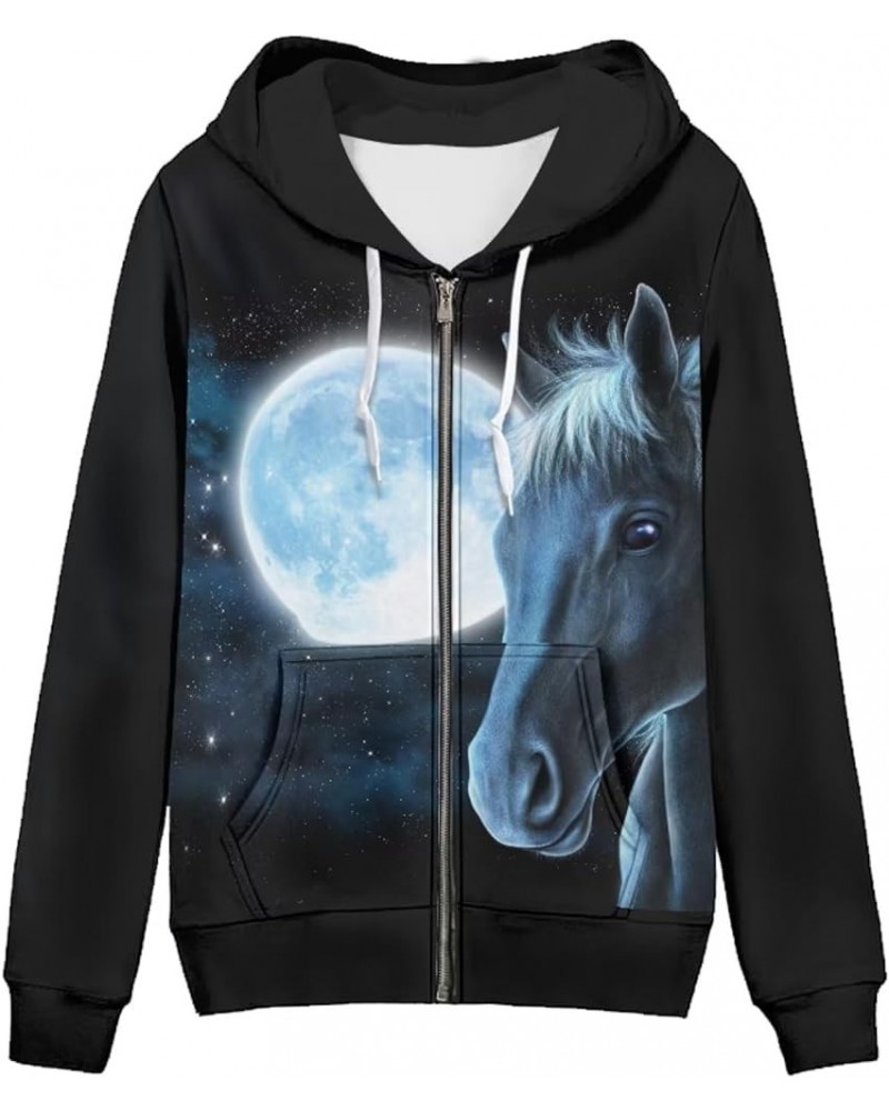 Women's Zip Up Long Sleeve Oversized Drawstring Hoodie Hooded Sweatshirt Pullover Top with Pockets Moon Horse $17.37 Hoodies ...