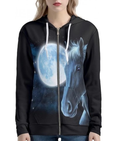 Women's Zip Up Long Sleeve Oversized Drawstring Hoodie Hooded Sweatshirt Pullover Top with Pockets Moon Horse $17.37 Hoodies ...