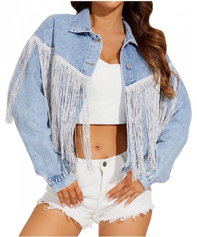 Denim Jacket for Women Fringe Trucker Jean Jackets Distressed Western Cowgirl Shacket Jackets Tassel Novelty Clothes A Blue $...