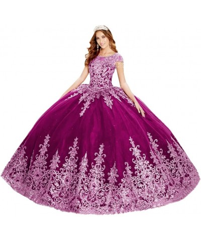 Women's Embroidery Princess Quinceanera Dresses with Wrap Lace Floral Applique Beads Ball Gown Sweet 16 Dresses Fuchsin $90.8...