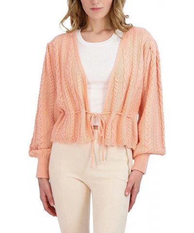 Women's Long Balloon Sleeve Peplum Cable Knit Sweater Plunging V Neck Drawstring Top Peach $31.41 Sweaters