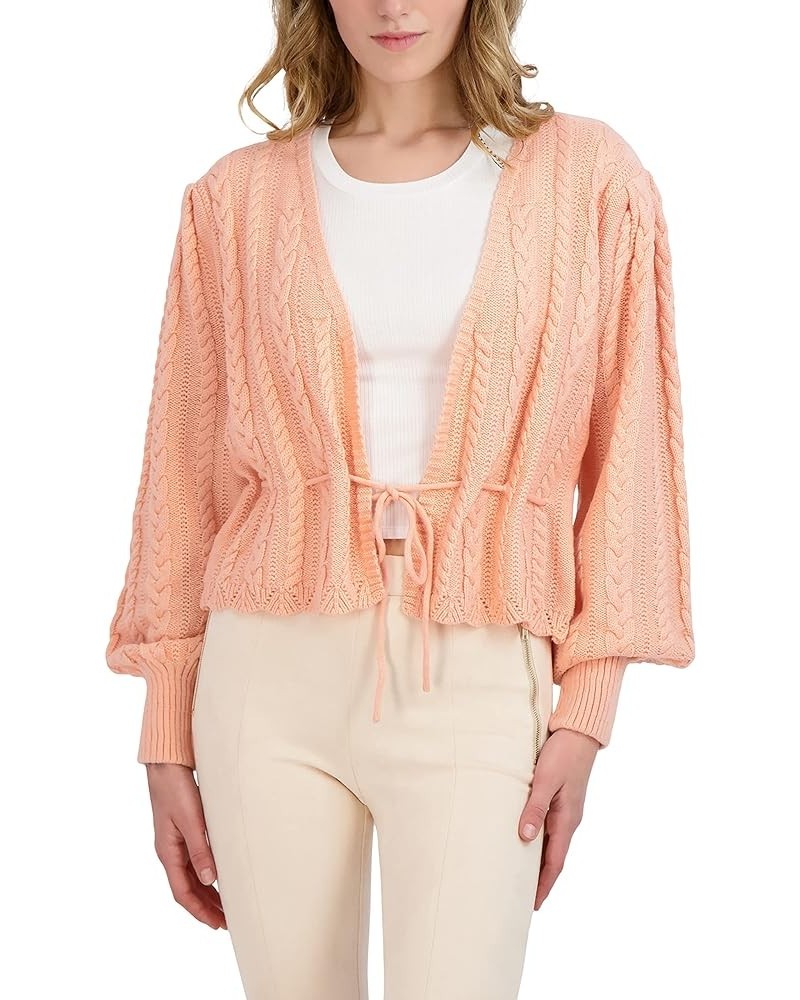 Women's Long Balloon Sleeve Peplum Cable Knit Sweater Plunging V Neck Drawstring Top Peach $31.41 Sweaters