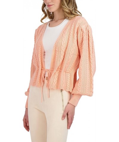 Women's Long Balloon Sleeve Peplum Cable Knit Sweater Plunging V Neck Drawstring Top Peach $31.41 Sweaters