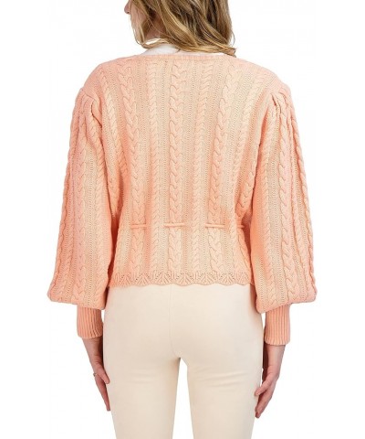 Women's Long Balloon Sleeve Peplum Cable Knit Sweater Plunging V Neck Drawstring Top Peach $31.41 Sweaters