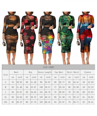 Women Sexy 3 Piece Outfits Set See Through Print Long Sleeve Midi Dress Sheer Mesh Crop Tank Tops Bodycon Skirt Purple $20.93...