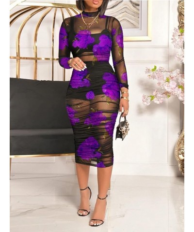 Women Sexy 3 Piece Outfits Set See Through Print Long Sleeve Midi Dress Sheer Mesh Crop Tank Tops Bodycon Skirt Purple $20.93...