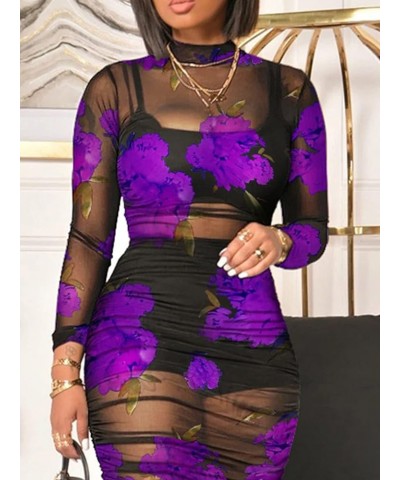 Women Sexy 3 Piece Outfits Set See Through Print Long Sleeve Midi Dress Sheer Mesh Crop Tank Tops Bodycon Skirt Purple $20.93...