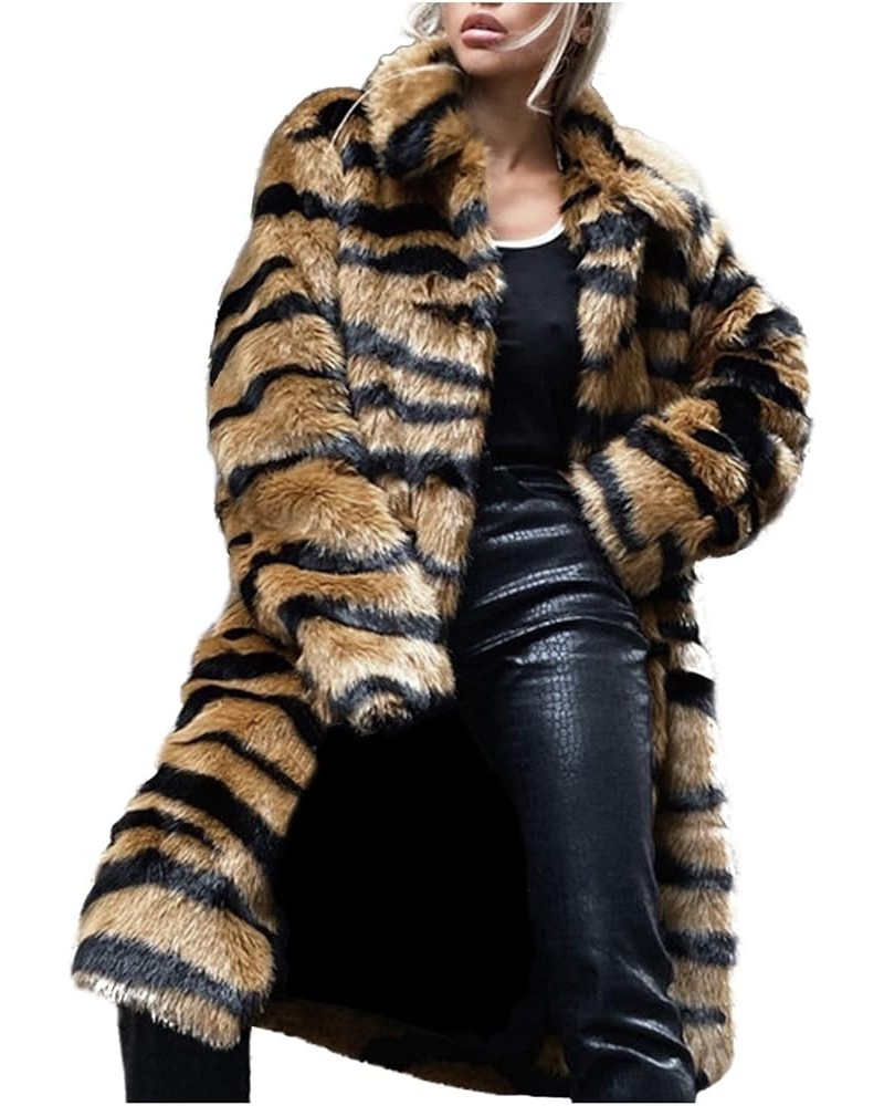 Women's Warm Leopard Faux Fur Coats Jacket Long Luxury Tiger Furry Collared Overwear Parka Cardigans Open Front Coat Gold $25...