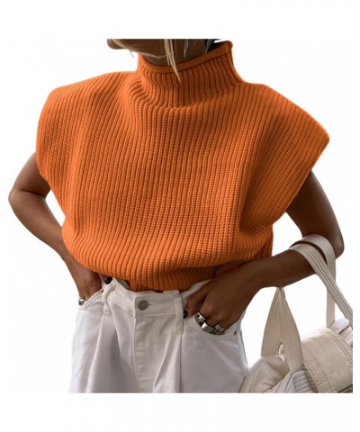 Women Shoulder Pad Sweater Top Sleeveless Turtleneck Pullover Vest Wide Shoulder Knitted Jumper Top C Orange $11.58 Sweaters