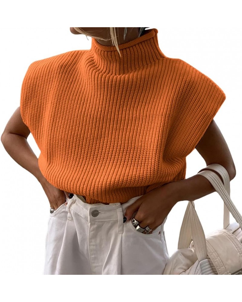 Women Shoulder Pad Sweater Top Sleeveless Turtleneck Pullover Vest Wide Shoulder Knitted Jumper Top C Orange $11.58 Sweaters