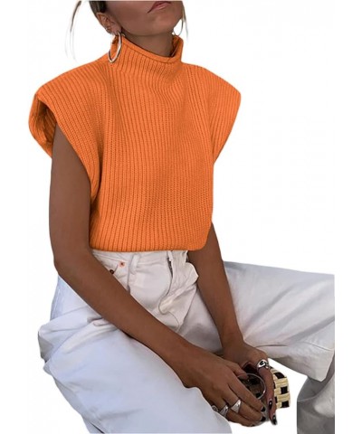 Women Shoulder Pad Sweater Top Sleeveless Turtleneck Pullover Vest Wide Shoulder Knitted Jumper Top C Orange $11.58 Sweaters