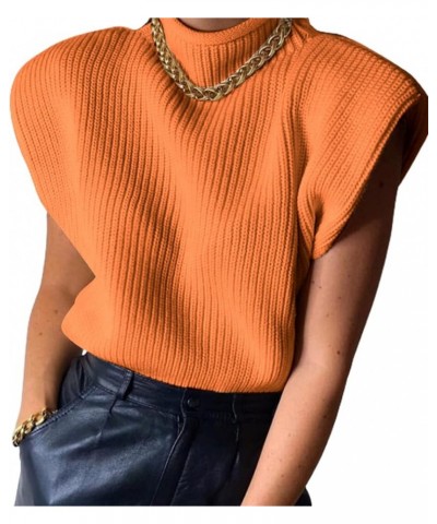 Women Shoulder Pad Sweater Top Sleeveless Turtleneck Pullover Vest Wide Shoulder Knitted Jumper Top C Orange $11.58 Sweaters