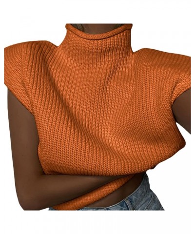 Women Shoulder Pad Sweater Top Sleeveless Turtleneck Pullover Vest Wide Shoulder Knitted Jumper Top C Orange $11.58 Sweaters