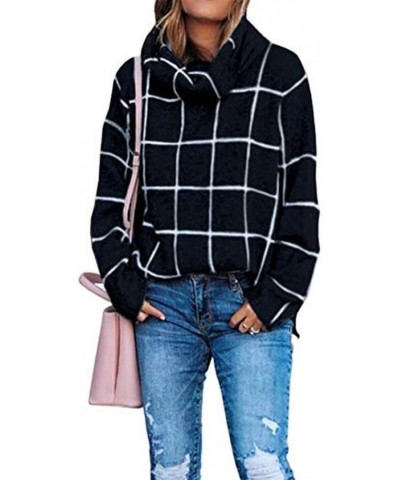 Women?s Turtleneck Knit Sweater Long Sleeves Pullover Plaid Side Split Checked Outwear Loose Fit Tops Black $14.26 Sweaters