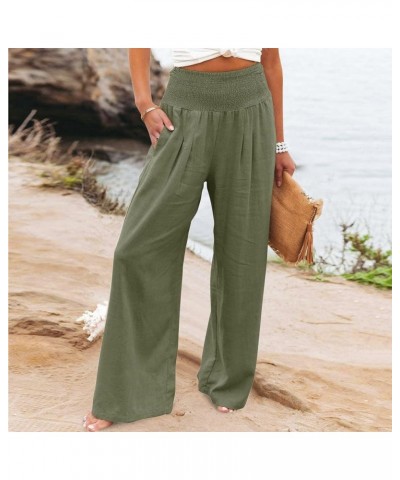 Womens Palazzo Pants Casual Smocked Elastic High Waist Wide Leg Trousers Summer Beach Pants Flowy Linen Lounge Pants 05 Army ...