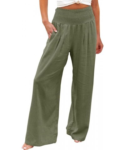 Womens Palazzo Pants Casual Smocked Elastic High Waist Wide Leg Trousers Summer Beach Pants Flowy Linen Lounge Pants 05 Army ...