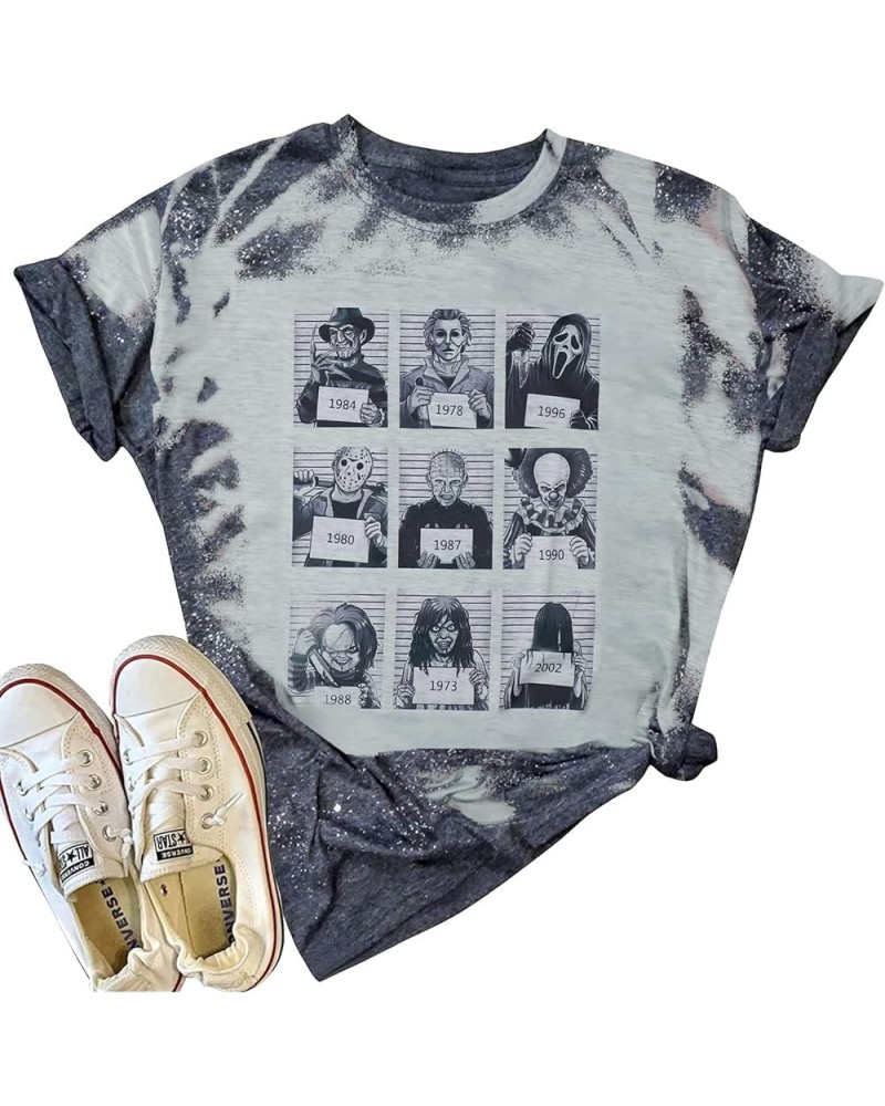 Horror Movie Mugshot Shirt Women Vintage Halloween Moive Character Graphic Tees Horror Fan Gift Shirts Gray $11.96 T-Shirts