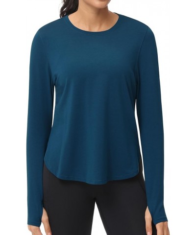 Women's Long Sleeve Workout Shirts Athletic Lightweight Casual Yoga Tee Tops with Thumb Hole Dark Blue Green $12.74 Activewear