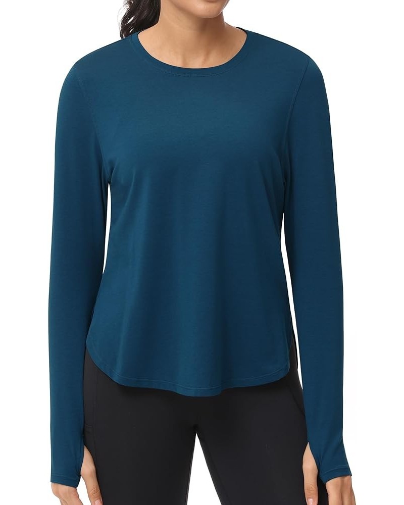 Women's Long Sleeve Workout Shirts Athletic Lightweight Casual Yoga Tee Tops with Thumb Hole Dark Blue Green $12.74 Activewear