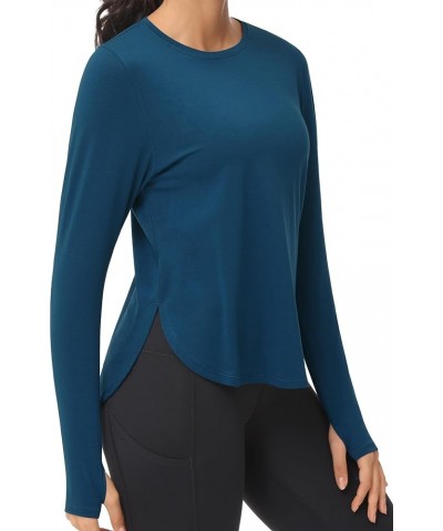 Women's Long Sleeve Workout Shirts Athletic Lightweight Casual Yoga Tee Tops with Thumb Hole Dark Blue Green $12.74 Activewear