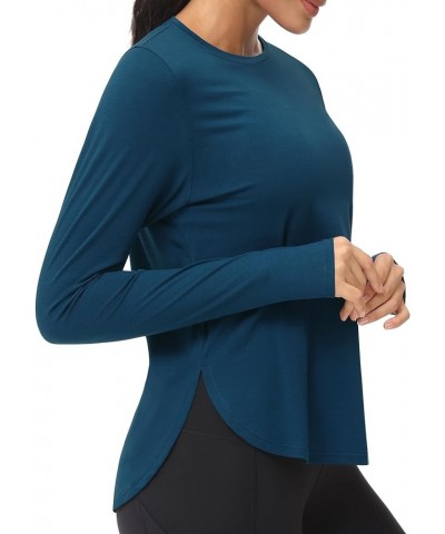 Women's Long Sleeve Workout Shirts Athletic Lightweight Casual Yoga Tee Tops with Thumb Hole Dark Blue Green $12.74 Activewear