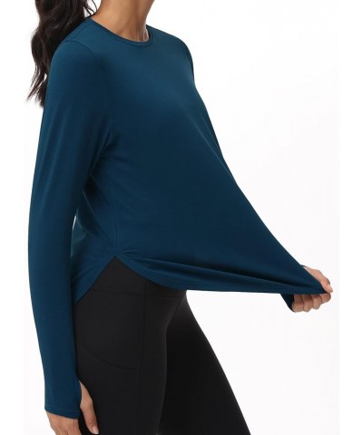 Women's Long Sleeve Workout Shirts Athletic Lightweight Casual Yoga Tee Tops with Thumb Hole Dark Blue Green $12.74 Activewear