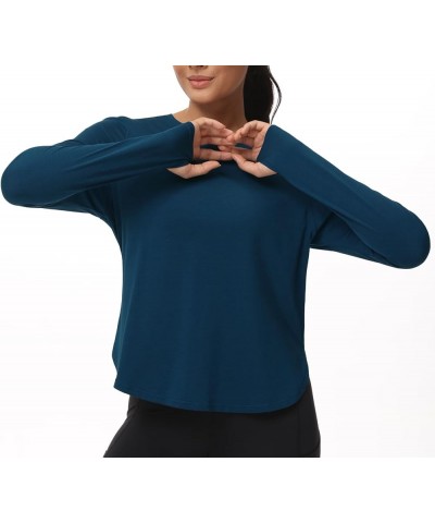 Women's Long Sleeve Workout Shirts Athletic Lightweight Casual Yoga Tee Tops with Thumb Hole Dark Blue Green $12.74 Activewear