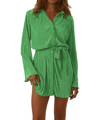 Women's Collar V Neck Button Down Pleated Long Sleeve Mini Shirt Dress with Belt Solid Green $26.00 Dresses