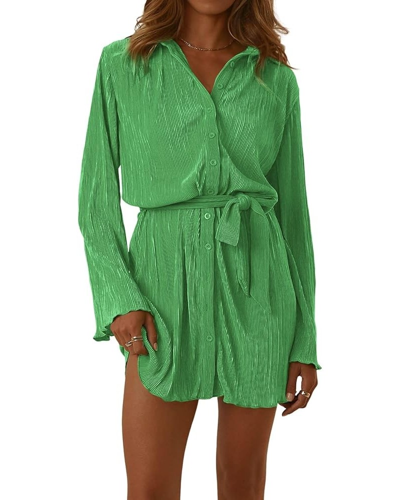 Women's Collar V Neck Button Down Pleated Long Sleeve Mini Shirt Dress with Belt Solid Green $26.00 Dresses