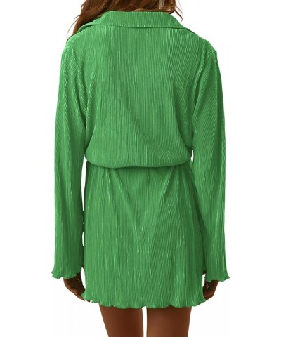 Women's Collar V Neck Button Down Pleated Long Sleeve Mini Shirt Dress with Belt Solid Green $26.00 Dresses