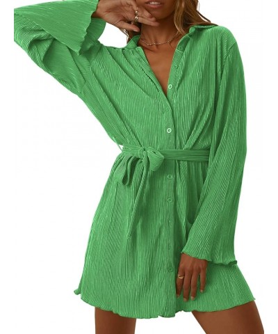 Women's Collar V Neck Button Down Pleated Long Sleeve Mini Shirt Dress with Belt Solid Green $26.00 Dresses