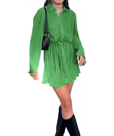 Women's Collar V Neck Button Down Pleated Long Sleeve Mini Shirt Dress with Belt Solid Green $26.00 Dresses