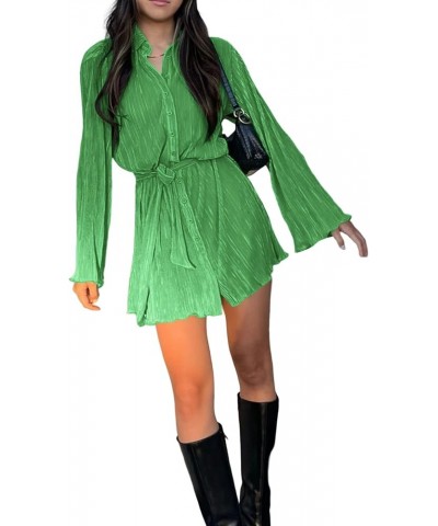 Women's Collar V Neck Button Down Pleated Long Sleeve Mini Shirt Dress with Belt Solid Green $26.00 Dresses