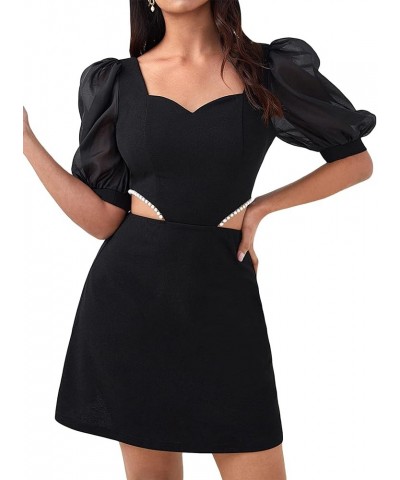 Women's Cut Out Sweetheart Neck Half Puff Sleeve Pearl Beaded Elegnat Mini Dress Black $28.19 Dresses