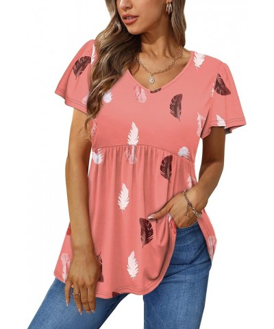 Women Ruffle Short Sleeve V Neck Oversized Shirt Tunic Babydoll Tops Pink Feathers $14.08 Tops