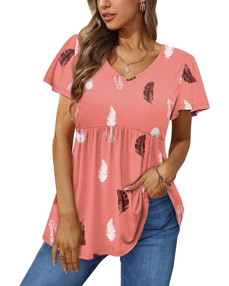 Women Ruffle Short Sleeve V Neck Oversized Shirt Tunic Babydoll Tops Pink Feathers $14.08 Tops