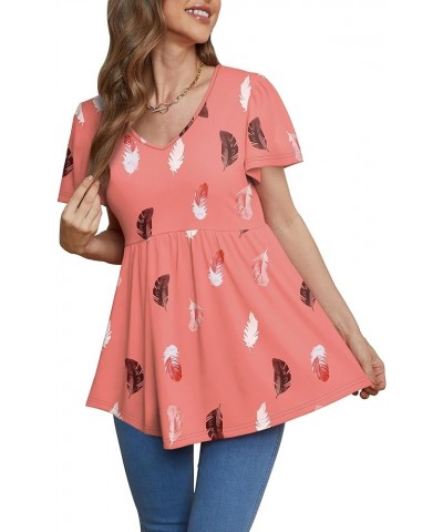 Women Ruffle Short Sleeve V Neck Oversized Shirt Tunic Babydoll Tops Pink Feathers $14.08 Tops