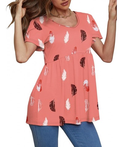 Women Ruffle Short Sleeve V Neck Oversized Shirt Tunic Babydoll Tops Pink Feathers $14.08 Tops