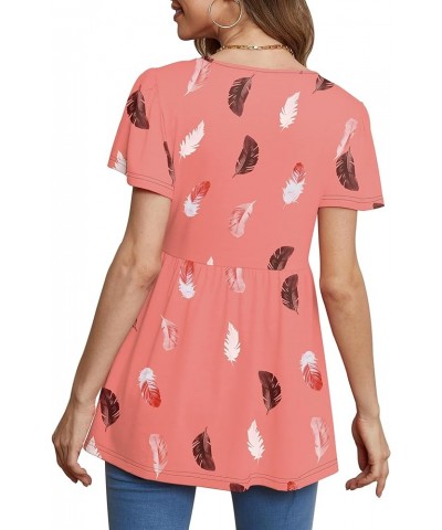 Women Ruffle Short Sleeve V Neck Oversized Shirt Tunic Babydoll Tops Pink Feathers $14.08 Tops