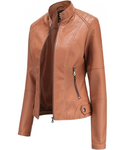 Women Leather Jackets Solid Full Zip Snap Stand Collar Long Sleeve Short Women'S Faux Leather Jacket with Faux Women Brown-2 ...