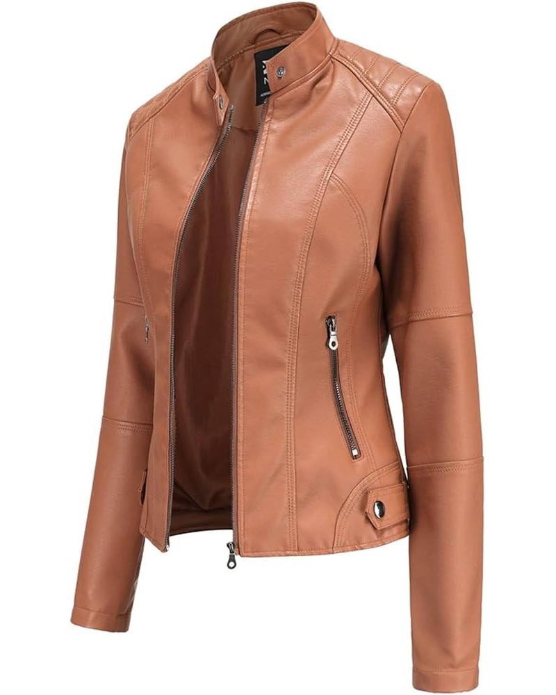 Women Leather Jackets Solid Full Zip Snap Stand Collar Long Sleeve Short Women'S Faux Leather Jacket with Faux Women Brown-2 ...