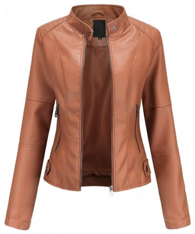 Women Leather Jackets Solid Full Zip Snap Stand Collar Long Sleeve Short Women'S Faux Leather Jacket with Faux Women Brown-2 ...