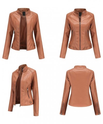 Women Leather Jackets Solid Full Zip Snap Stand Collar Long Sleeve Short Women'S Faux Leather Jacket with Faux Women Brown-2 ...