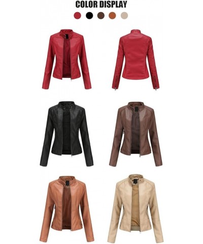 Women Leather Jackets Solid Full Zip Snap Stand Collar Long Sleeve Short Women'S Faux Leather Jacket with Faux Women Brown-2 ...