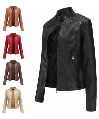 Women Leather Jackets Solid Full Zip Snap Stand Collar Long Sleeve Short Women'S Faux Leather Jacket with Faux Women Brown-2 ...