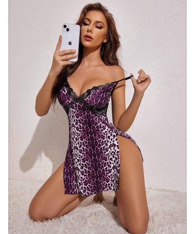 Women Lingerie Lace Chemise Sexy Nightgown Modal Babydoll Side Slit Sleepwear Purple Leopard $11.11 Lingerie