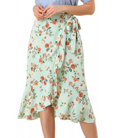 Women's Ruffle Wrap Skirt Tie Knot High-Low Split Midi Floral Skirts Blue Green $17.39 Skirts